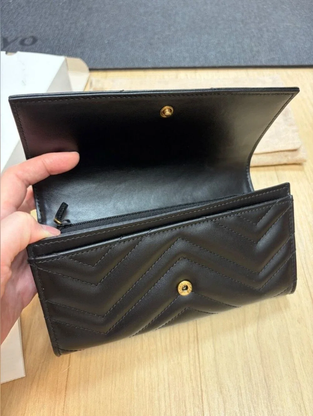 Gucci Black Chevron Quilted Leather Continental Wallet with Gold GG Logo